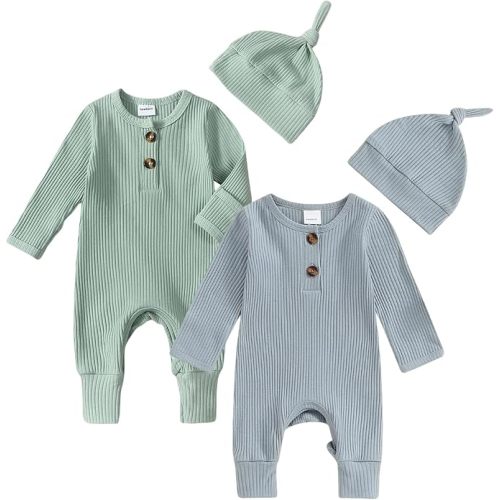 Infant Boys Set Newborn Baby Romper Hat Ribbed Knit Long Sleeve Button Solid Bodysuit Jumpsuit