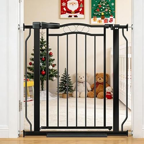 29.53"-33.85" Mornyray Auto-Close Baby Gate Extra Wide, Pressure Mounted Dog & Pet Gate for Stairs Doorways, No Drill Safety Barrier with Lace Design, Metal Child Proof Gate Indoor Outdoor, Black