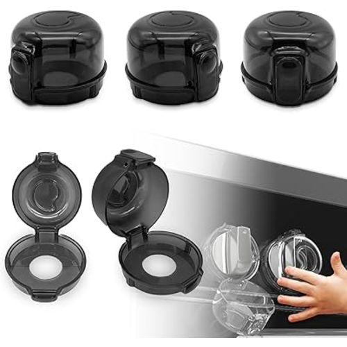 Stove Knob Safety Covers 5-Pack - Childproof & Pet Proof Locks for Gas/Electric Ovens, Heat-Resistant Clear Guards, Easy Damage-Free Install (Transparent Black)