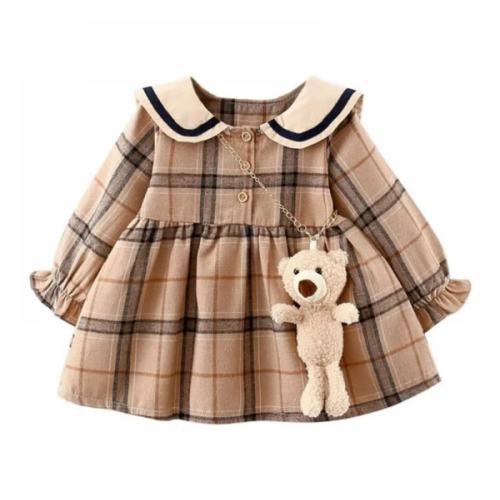 Plaid Pattern Dress with Bear Plush Toy - MyLoveHoney Baby Clothing