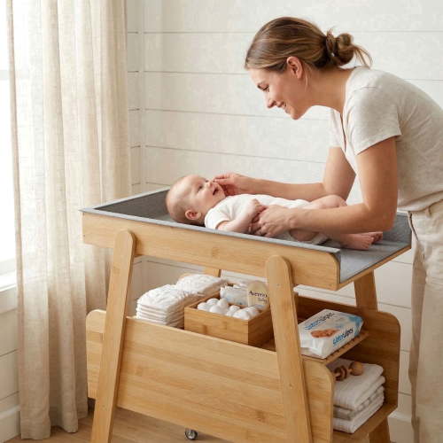Bamboo Baby Changing Table with Storage and 360°Rotatable Wheels, Mobile Diaper Station with Draw, Natural