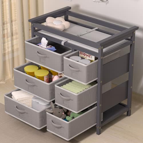 XJD Baby Changing Table with 6 Drawers Storage Station, Baby Changing Station Diaper Changing Station (Grey)