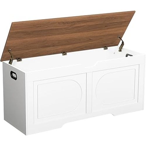 Storage Chest, 43.3” Toy Box, Entryway Storage Trunk, Shoe Bench with Storage, Engineered Wood Storage Cabinet with 2 Safety Hinges, Entrance Bench for Living Room, White + Walnut SCBZ2101