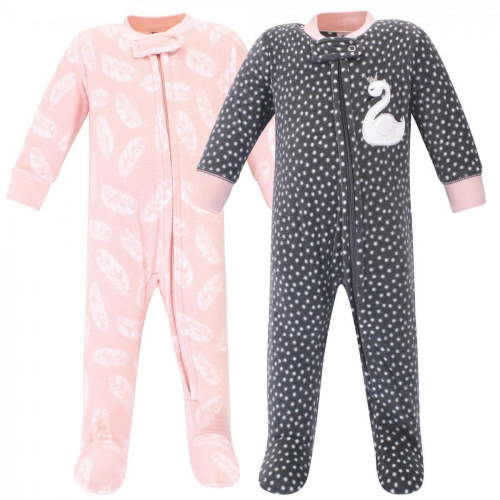 Hudson Baby Infant Girl Fleece Zipper Sleep and Play 2pk, Swan, 0-3 Months