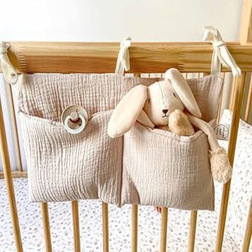 Cotton Baby Bedside Hanging Storage Bag,2 Pockets Organizer for Baby Cribs and Toys (Oatmeal)