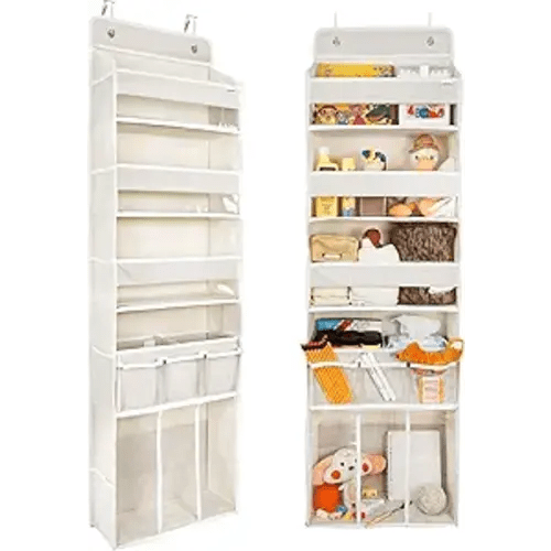 Door Hanging Storage Organizer,with 3 Bins 1 Movable Baby Diaper Caddy,1 Large capacity diaper stacking storage Organizer,10 Side Pockets ,Bedroom Door Storage for Nursery Baby Essentials. (Beige)