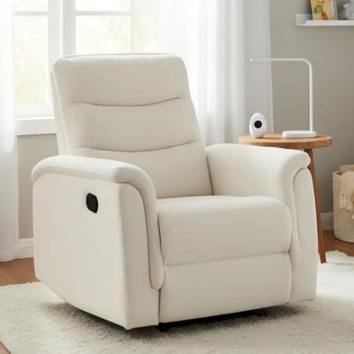 CANMOV Nursing Rocking Chair, Soft Fabric Swivel Rocker Recliner, Upholstered Swivel Glider Nursery Recliner Chair, Overstuffed Manual Reclining Single Sofa for Living Room Bedroom Nursery, White