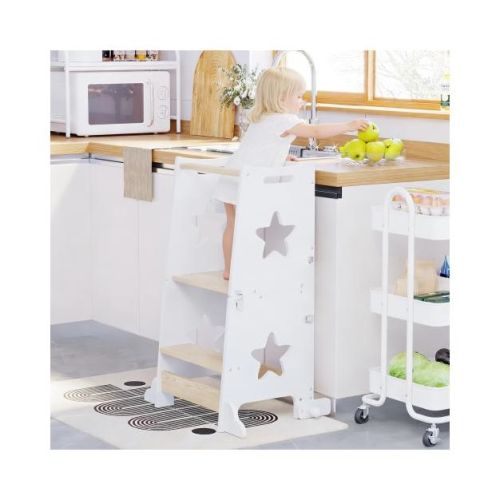3-in-1 Toddler Kitchen Step Stool, Foldable Learning Tower with Blackboard, Convertible Kids Table and Chair, Wooden Helper Stool, White