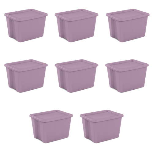 Sterilite Large Storage Bin, 18 Gallon Plastic Storage Container with Snap-On Lid, Light Purple, 8 Count