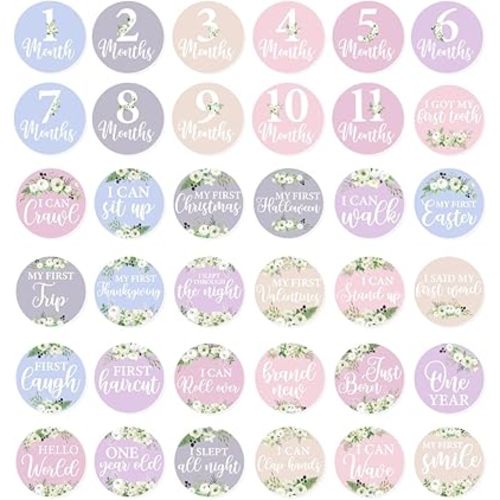 Pastel Floral Baby Stickers for Girls Monthly Growth Tracker Photo Props Vinyl Sticker Newborn Girl Milestones 36Pcs Elegant Calligraphy Design Pack Skateboard