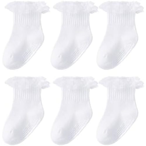 Witwot 6 Pairs Toddler Grip Socks Baby Girls Non Slip White Ruffle Socks 6M-5T