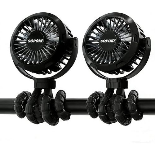 SOPOKE 2PCS Mini Portable Baby Stroller Fan,3 Speed Personal Handheld,Battery Operated Rechargeable 360° Flexible Tripod Cooling, Suitable for Car Seat Crib Treadmill Golf Cart Travel (Black-Black)