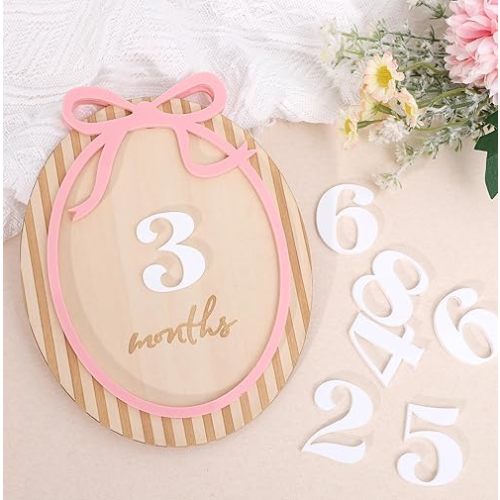 Baby Monthly Milestone Cards - Pink Bow Wooden Monthly Milestone Discs，Newborn Photography Props to Document Your Baby´s Growth，Baby Announcement Sign