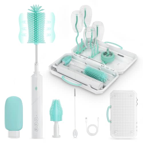 8-in-1 Electric Baby Bottle Brush Cleaner Set – Rechargeable, 3-Speed, 90° Rotating Handle, Waterproof, with Drying Rack & Travel Case, Green