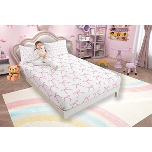 Cartoon Bowknot Kids Fitted Sheet Twin Size,Pink Bow Tie Butterfly Knot Princess Bedding Set,Girls Women Room Decor,Watercolor Bow Patchwork Pink White Bed Sheet,1 Pillowcase(No Flat)