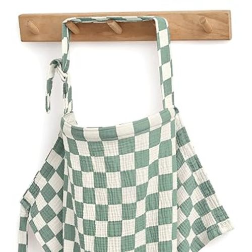 Blissful Diary Muslin Nursing Cover for Breastfeeding, Breathable Breastfeeding Cover up with Arch Neckline for Women, Nursing Apron (Sage Checkboard)