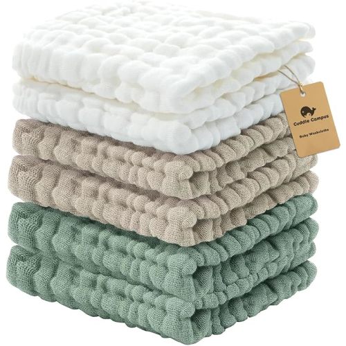 Cuddle Campus Baby Washcloths 6 Packs, Muslin Washcloths Baby,Cotton Burp Cloths, Extra Absorbent and Soft Wash Clothes for Newborns, 12x12 Inches