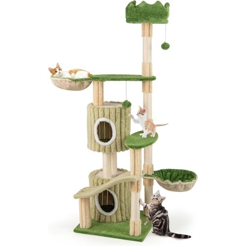 PETSITE 63 inch Tall Cat Tree, Multi-Level Aesthetic Stripped Cat Tower with Sisal Scratching Posts, 2 Condos, 2 Side Baskets, and 2 Dangling Balls, Indoor Green Cat Tree Tower for Indoor Cats