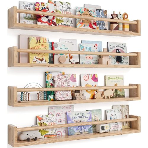 Seocry Nursery Book Shelves, 4 Pack, Wall Book Shelves for Kids Room, Baby, Toddler, Nursery Decor (Wood, 23 Inches)