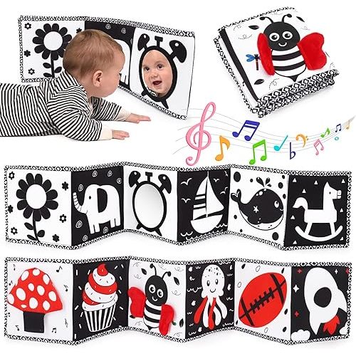 Black and White High Contrast Toys for Baby 0-3 3-6 months Infant Tummy Time Soft Book Sensory Musical Toy 0-2-4-6 month Babies Brain Development Crinkle Book Mirror Newborn Shower Gifts Boys Girls