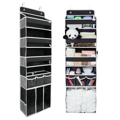Door Hanging Storage Organizer,with 3 Bins 1 Movable Baby Diaper Caddy,1 Large capacity diaper stacking storage Organizer,10 Side Pockets ,Bedroom Door Storage for Nursery Baby Essentials. (Dark grey)