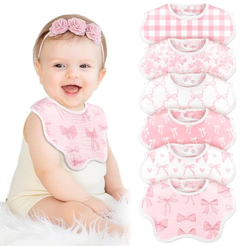 6 Pack Baby Muslin Bibs for Girls Boys Adjustable 100% Cotton Soft for Drooling and Teething Organic Lap-Shoulder
