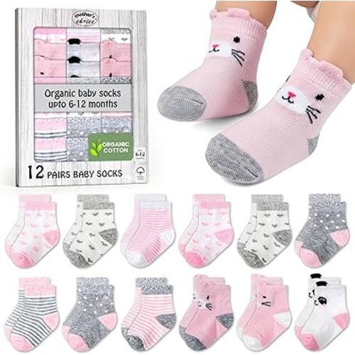Mother's Choice Organic Cotton Baby Socks 6–12 Months, 12 Pairs Toddler Socks Boys Cotton Socks Soft Hypoallergenic Breathable Gentle On Baby Skin Comfortable Daily Wear Essentials For Newborns