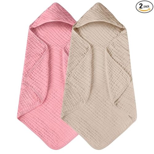 Yoofoss Hooded Baby Towels for Newborn 2 Pack 100% Muslin Organic Cotton Baby Bath Towel with Hood for Babies, Infant, Toddler and Kids, 32x32Inch, Soft and Absorbent Newborn Essential,Bge& Bean Paste