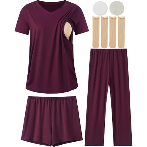 5 Piece V Neck Maternity Nursing Pajamas Set Postpartum Pjs Breastfeeding Sleepwear, Nursing Breast Pads & Socks