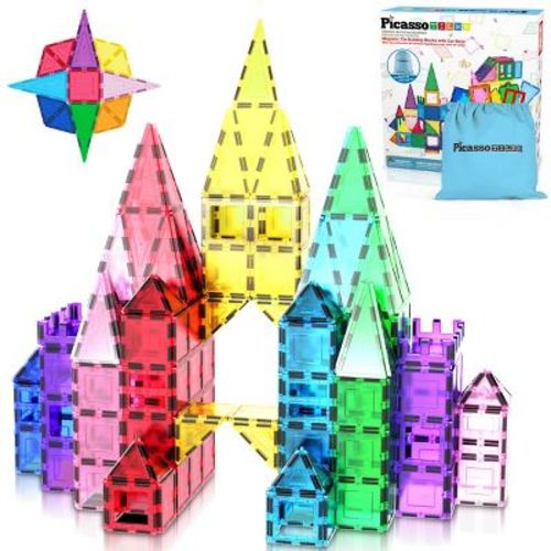 PICASSO-TILES Magnetic Tiles for Kids with Tote Bag – 61PCS STEM Building Blocks Set, Educational Construction Toy, Creative Learning Magnet Kit