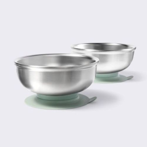 Suction Stainless Steel Bowls with Silicone Sleeve - 2pk - Green - Cloud Island™