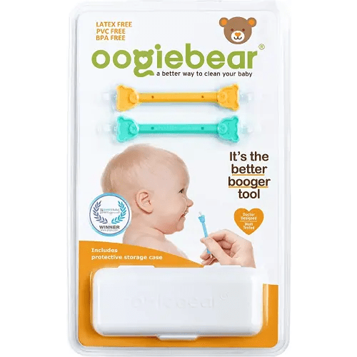 oogiebear - Nose and Ear Gadget. Safe, Easy Nasal Booger and Ear Cleaner for Newborns and Infants. Dual Earwax and Snot Remover - 2 Pack with Case - Orange and Seafoam