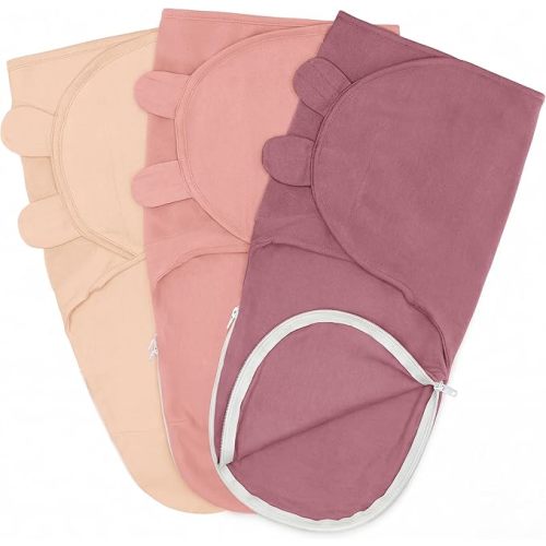 Comfy Cubs Easy Swaddle Blanket with Zipper Closure, 3 Pack - 100% Cotton Newborn Wrap, Small for 0-3 Months Infants, Breathable and Durable Sleep Sack for Babies - Light Blush, Blush & Mauve