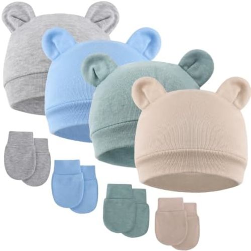 BQUBO Newborn Baby Bear Ears Hats and Mittens Sets Preemie Cotton Caps Baby Boy Girl Infant Hospital Beanie