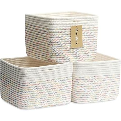 Small Organizing Baskets for Cubes Shelf, 9.7x9.7x7.1 Inch Rope Woven Storage Bins for Nursery Shelves Storage, Cute Toy Basket, Square 3 Packs Off White Rainbow