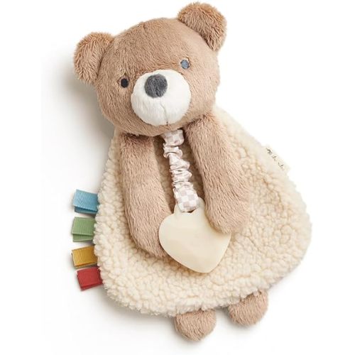 Itzy Ritzy - Itzy Lovey Including Teether - Baby Lovey with Teether, Textured Ribbons & Dangle Arms - Features Crinkle Sound, Sherpa Fabric and Minky Plush (Bear)