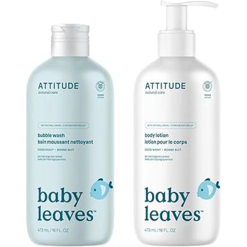 Bundle of ATTITUDE Bubble Body Wash for Baby and Body Lotion for Baby, EWG Verified, Dermatologically Tested, Plant and Mineral-Based, Vegan, Good Night, 16 Fl Oz