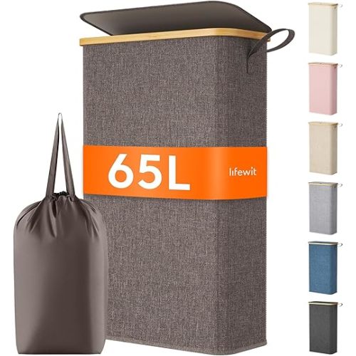 Lifewit 65L Slim Laundry Hamper with Lid, Narrow Laundry Basket with Removable Bag & Bamboo Handles, Fodable Thin Dirty Clothes Hamper for Laundry Collapsible Bin for Bathroom Bedroom Dorm, Brown