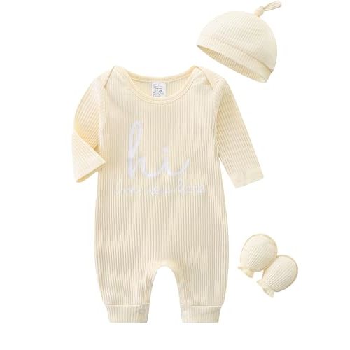 Babymine Newborn Unisex Baby Clothes 0-3 Months,Long Sleeve Onesie Infant Coming Home Outfits Romper with Mittens & Hat