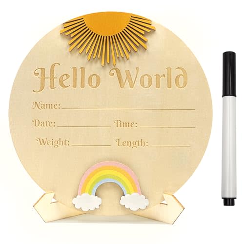 5.9in Wooden Baby Welcome Announcement Sign Hello World Newborn Sign New Baby Birth Announcement Signs for Hospital Nursery Room Decoration