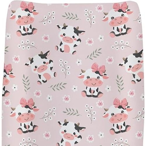 Cute Cow Pink Bows Baby Changing Pad Covers for Boys Girls Cartoon Cows with Flowers Leaves Fitted Changing Table Cover Mats Boho Farm Animals Soft Nursery Diaper Changing Table Sheets 32''×16''