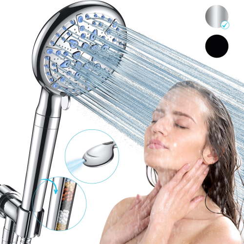 Ophanie 9 Setting Handheld Shower Head,High Pressure Shower Head with Filter, Hard Water Softener with 70" Hose Extension Spray Nozzle Shower,Silver