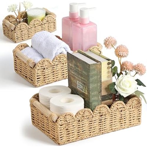 3PCS Scalloped Toilet Paper Storage Basket, Handwoven Paper Rope Bathroom Basket Organizer for Toilet Tank Top, Bathroom & Home Decor with Wooden Handles, Farmhouse Decor, Beige