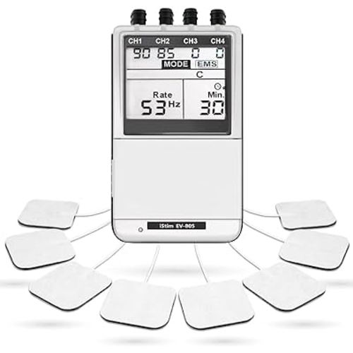iSTIM EV-805 TENS EMS 4 Channel Rechargeable Combo Machine Unit - Muscle Stimulator + Back Pain Relief and Management- 24 Programs/Backlit (Including Electrodes Pads)