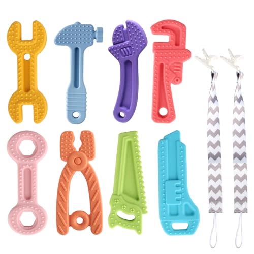 8 Pack Chew Baby Teething Toys for 0-12 Months, Freezable BPA Free Silicone Baby Molar Teether Chew Toys, Hammer Wrench Spanner Pliers Hand Saw Shape Baby Girl's Boy Car Seat Toy