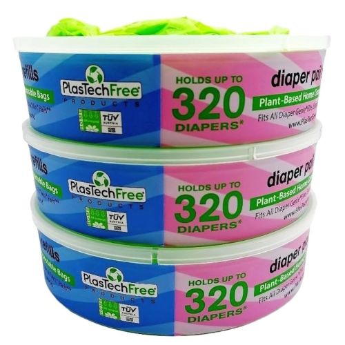 Plastech Diaper Pail Refills - 100% Home Compostable/Plant-Based, 3 Count