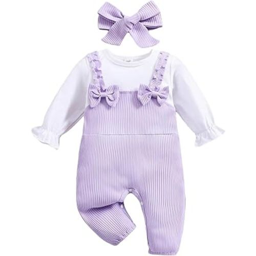 QITUDATEY Newborn Baby Girl Clothes Romper, Long Sleeve Cute One Piece Knit Jumpsuit Infant Outfits with Bow Headband