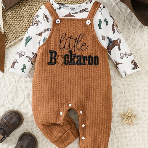 Baby Boy American Retro Western Two-Piece Set | Tribal Cowboy All-Over Print Romper + "Little Buckaroo" English Waffle Knit Suspender Pants, Cute, Cool And Comfortable Autumn Outfit, for Outdoor