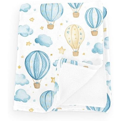 Cute Hot Air Balloon Stars Blue Baby Boy Girl Blankets Balloons Cloud Swaddle Blankets Flannel Receiving Blankets Toddler Newborn Daycare Infant Nursery Crib Bed Blankets White 30x40inch