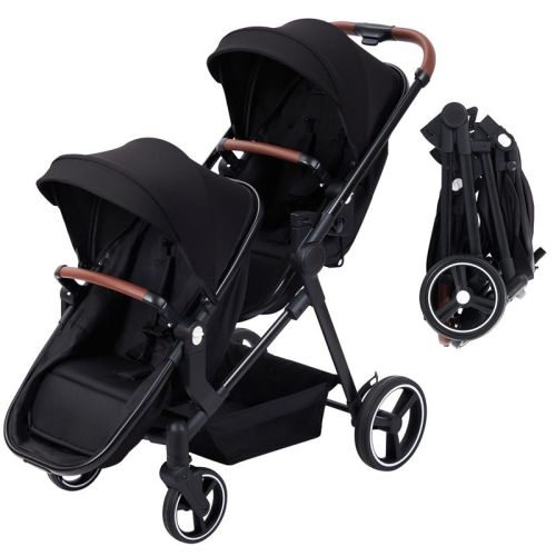 Double Stroller for Infant and Toddler, Reversible Tandem Stroller with One-Hand Fold, 5-Point Harness, Adjustable Canopy, Multi-Modes, Lightweight